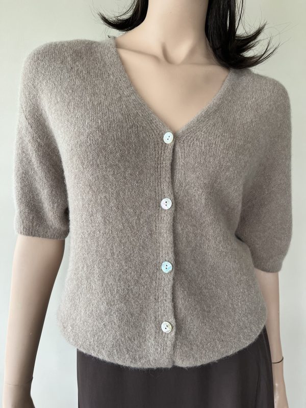 Vest alpaca in de kleur bruin met v hals en korte mouwen. Knoopsluiting.